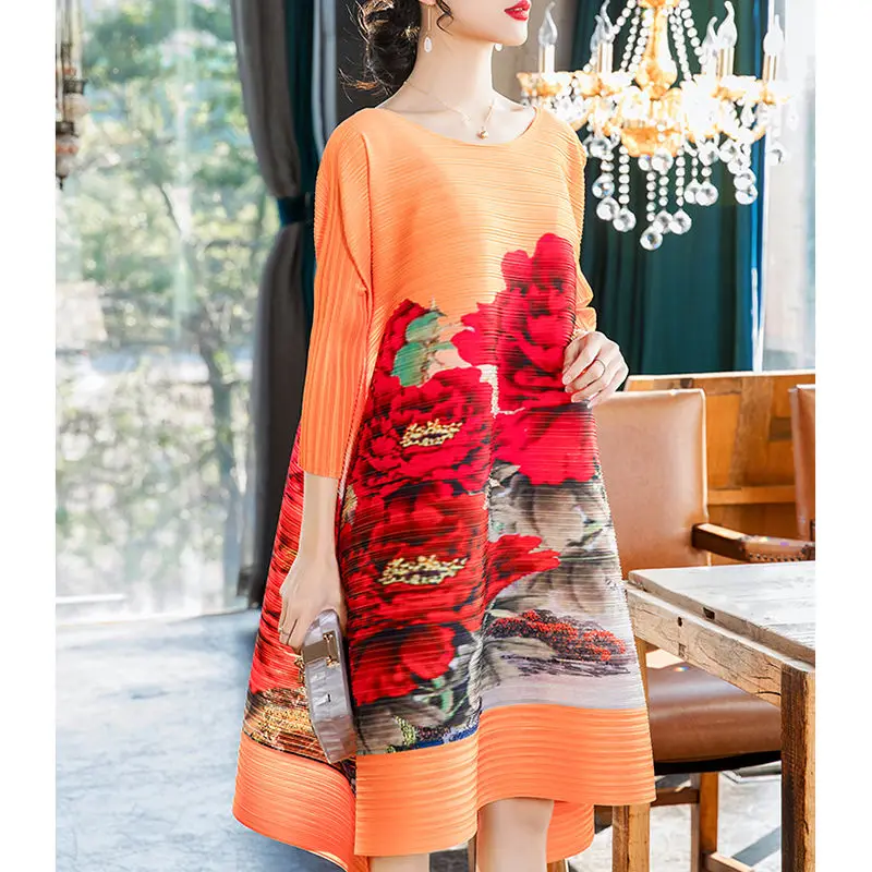 Женское плиссированное платье свободное этническое большого размера с принтом в