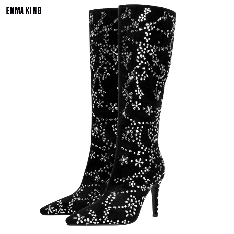 

Зимние женские сапоги до колена, остроносые длинные сапоги, женские сапоги на высоком каблуке, сексуальные сапоги на шпильке 44