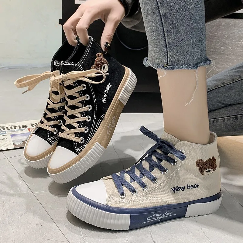 

2022 Spring Summer Fashion New Bear Women Canvas Shoes High-top Canvas Shoes Lace Up Casual Sneakers Female Off White Shoes
