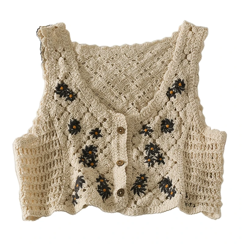 

Women French Style Vintage Crochet Knit Vest Waistcoat Sweet Daisy Flower Embroidery Sleeveless Cardigan Jacket V-Neck Button