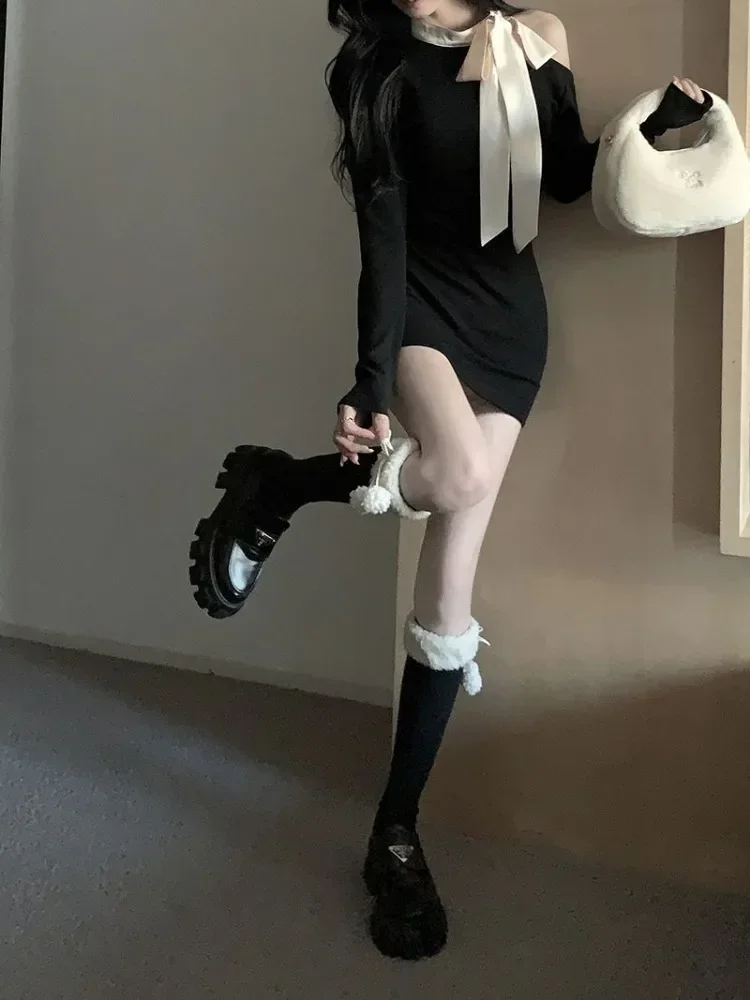 QWEEK пикантное облегающее Черное мини-платье с открытыми плечами Женские