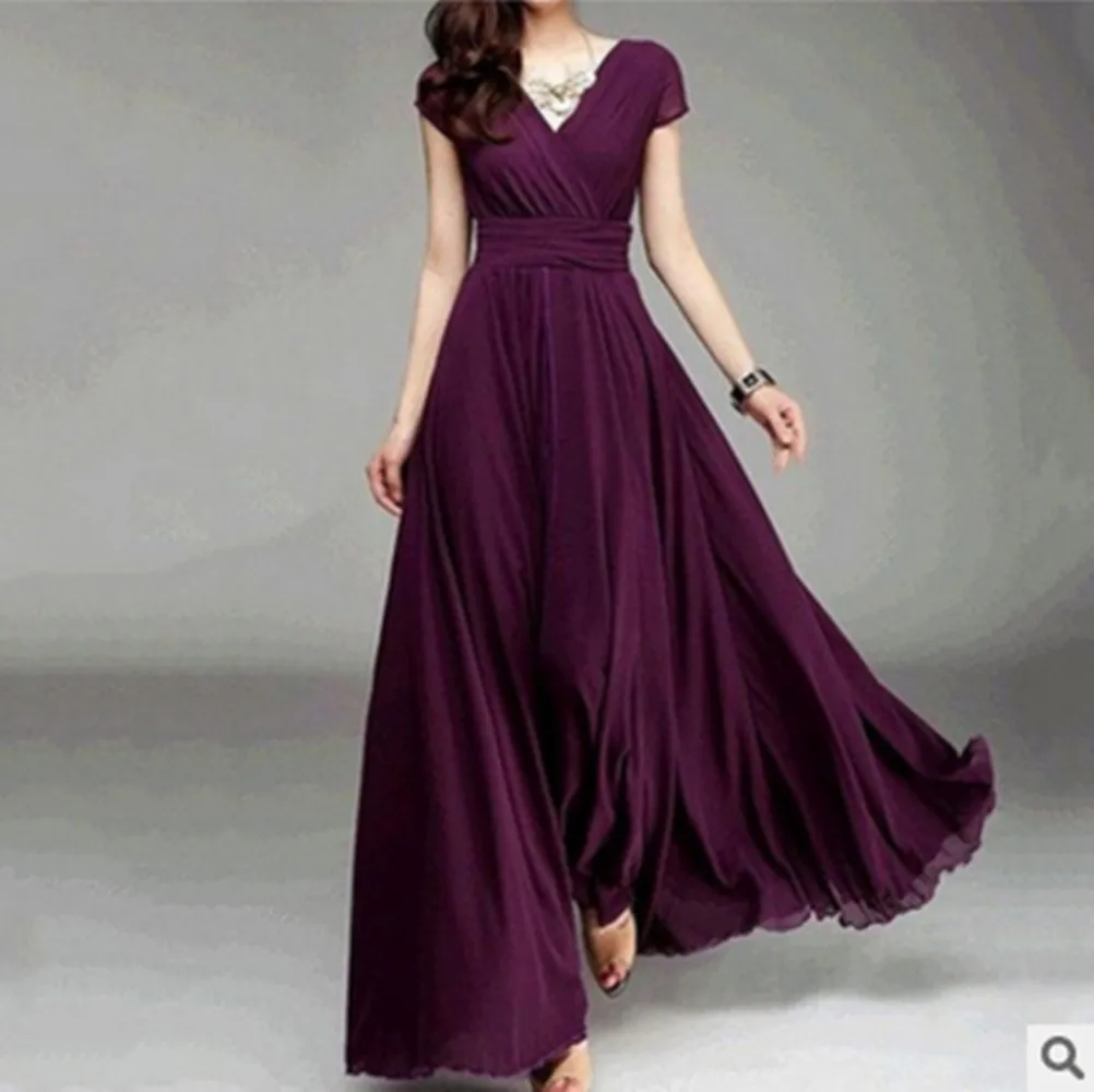 2023 New in Women Elegant Chiffon Long Evening Dress Sexy Deep V-neck Short Sleeve Bridesmaid Dresses Slim Waist 5XL