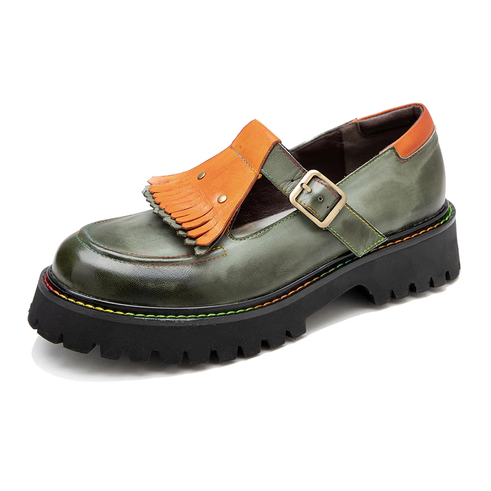 

Туфли-лодочки женские на платформе и толстом каблуке, натуральная кожа, туфли-оксфорды, туфли-лодочки, ручная роспись, с кисточками, с пряжкой, криперы