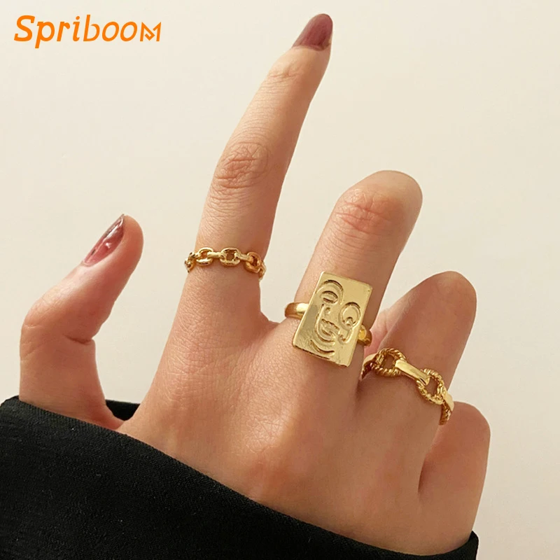 

3Pcs Gold Smiley Face Ring Set for Women 2021 Hot Sell Carved Tag Twist Chain Punk Men Rings Gothic Bijoux Anillos Jewelry Gifts