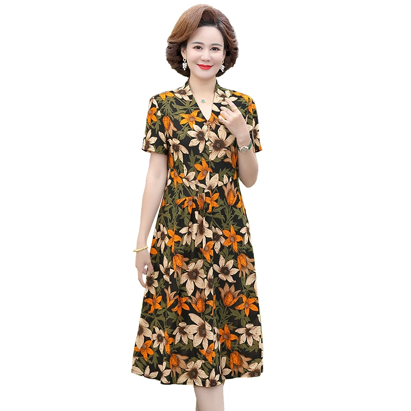 

Summer Women casual Dresses Middle-aged Casual Short sleeve High Waist Flower Print Party Dress Female Dress Vestidos