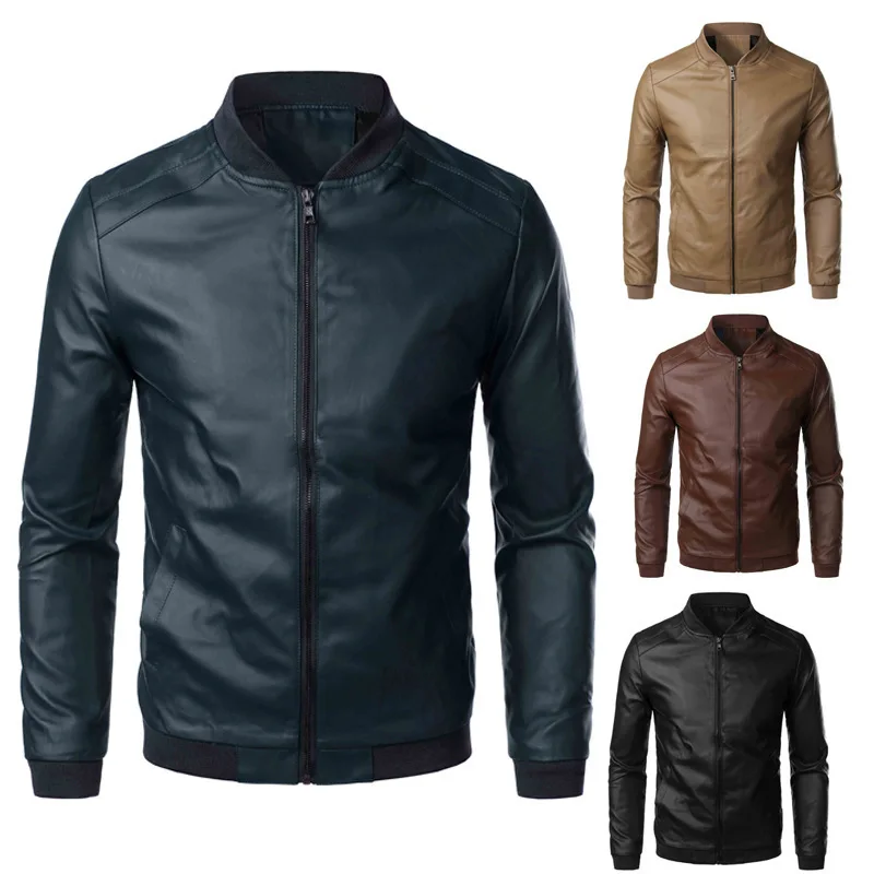 

Men Jacket Smooth Faux Leather Spring Jacket Solid Color Elastic Cuff Men Coat Slim Stand Collar Cardigan Jacket For Daily Wear