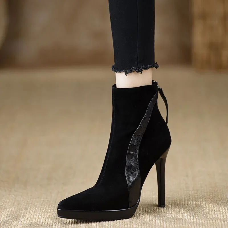 Ботильоны на высоком каблуке с острым носком женские замшевые туфли шпильке