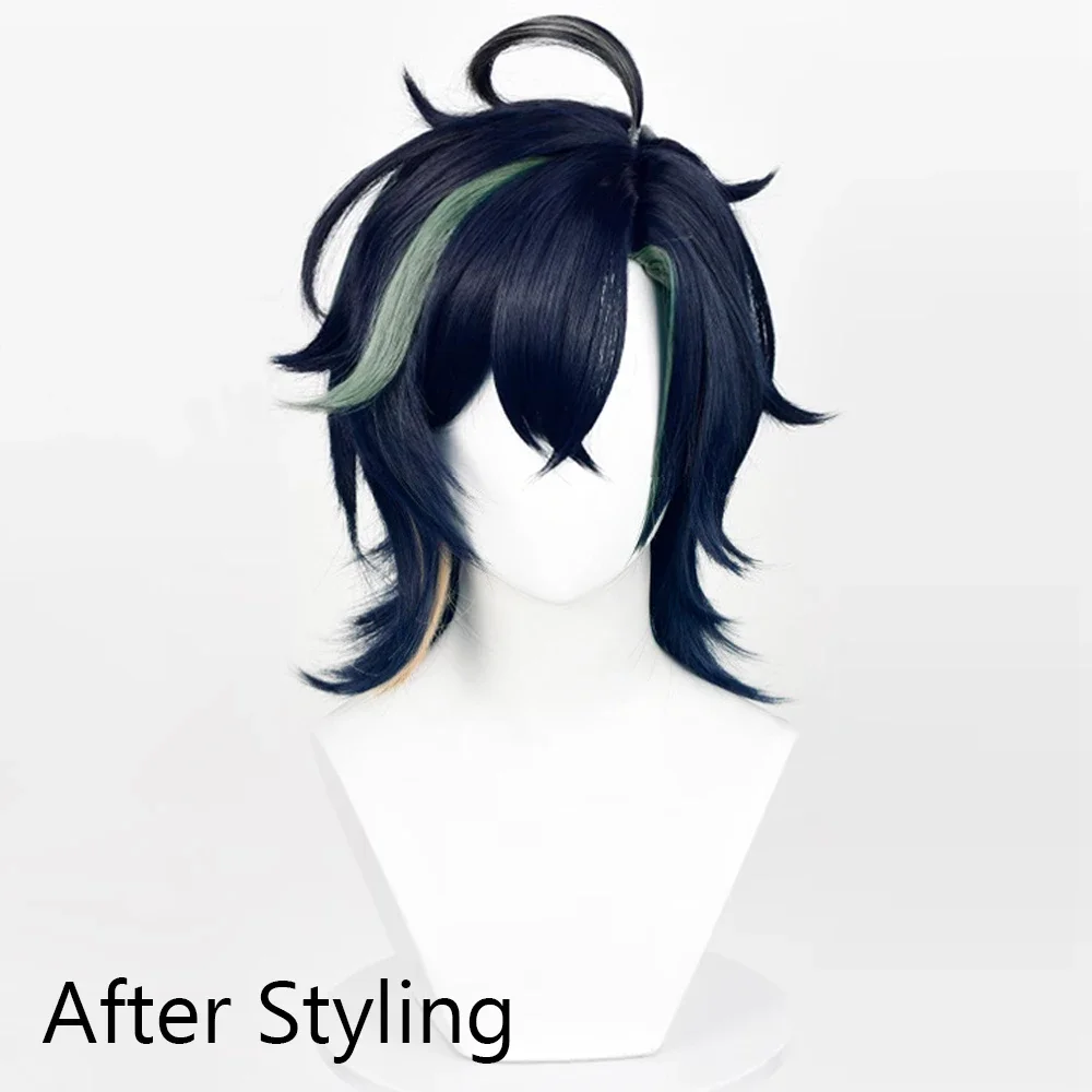 Genshin Impact Kinich Парик Синтетический Короткий Прямой Черный Синий Мелирование
