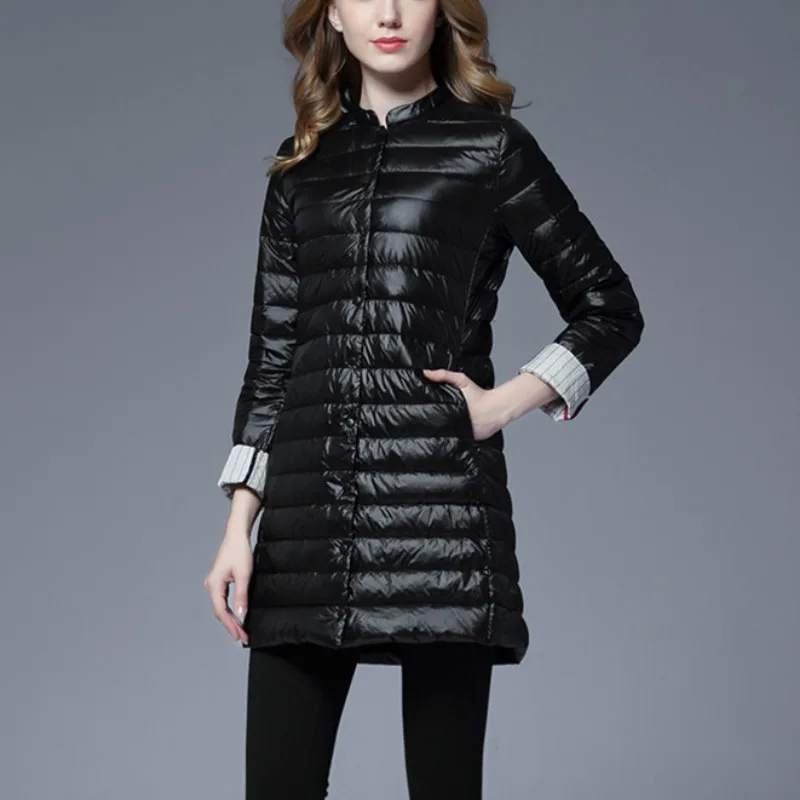 Duck Down Jacket Woman Winter Slim Solid Long Parkas with Ultra Light White Duck Down Single Breasted Pocket office lady style
