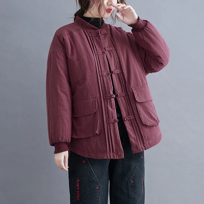 Women's autumn and winter linen cotton cotton coat 2022 new top loose buckle thickened cotton linen cotton coat short coat