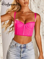 colysmo sexy corset tops women summer sleeveless ruffles boning padded tank top hot pink mesh underwire slim fit bustier 2020