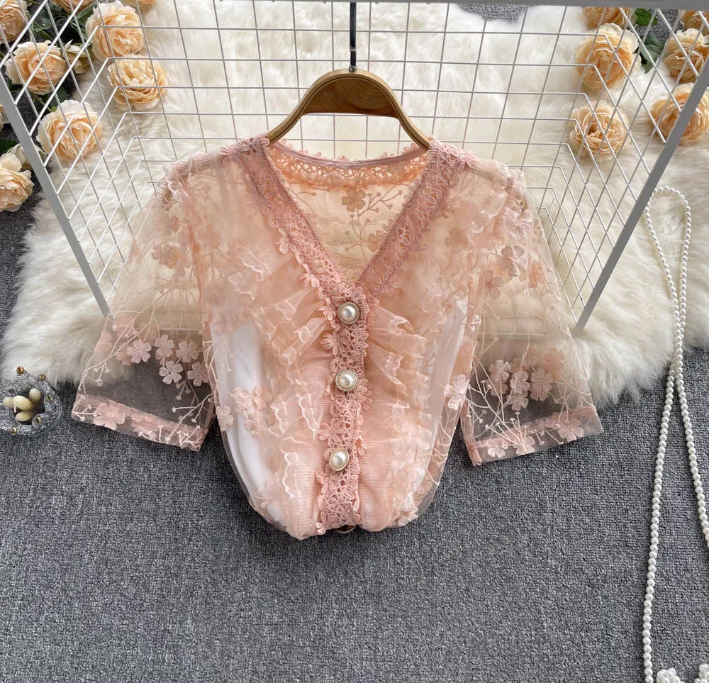 

2022 Summer New Sweet Lace 2-piece Chiffon Shirt Elegant Sexy Solid Color Three-dimensional Embroidery Suspender Top Women