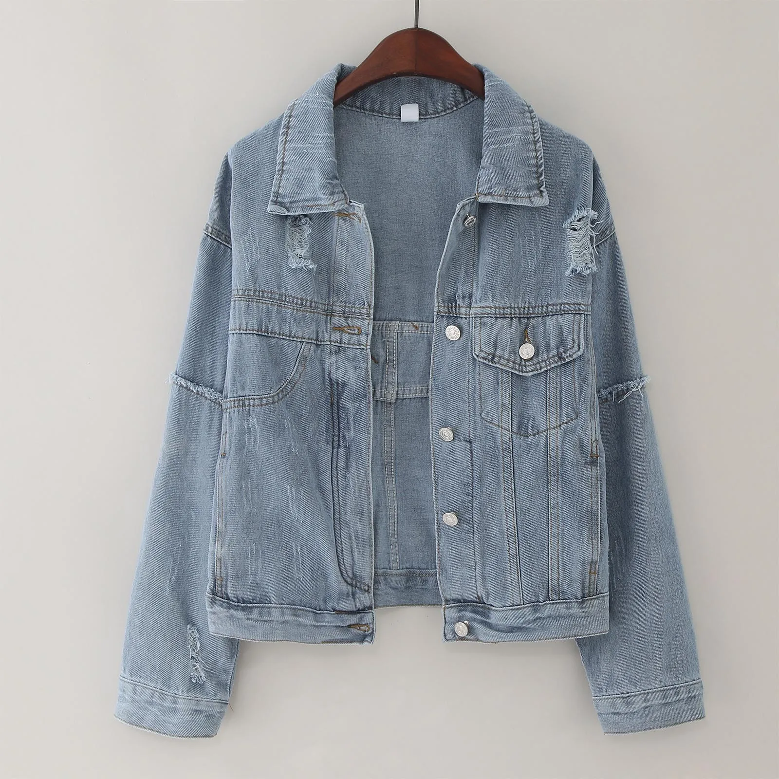 

Женская джинсовая куртка оверсайз, Повседневная винтажная рваная джинсовая куртка с длинным рукавом и отложным воротником, верхняя одежда, осень-зима 2023