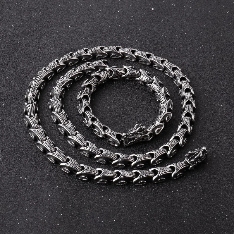 

Personality Retro Punk Style Necklace Bracelet Men Gun Black Titanium Steel Domineering Engraved Dragon Pattern Keel Thick Chain