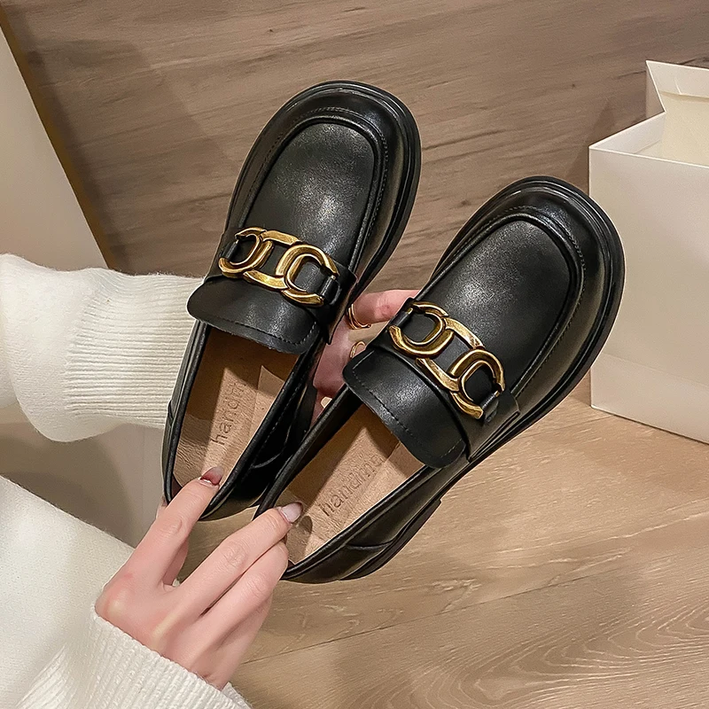 2023 New Leather British Style Small Leather Shoes Round Head Thick Heel Cover Foot Retro Single Shoes Fashion Casual Everything