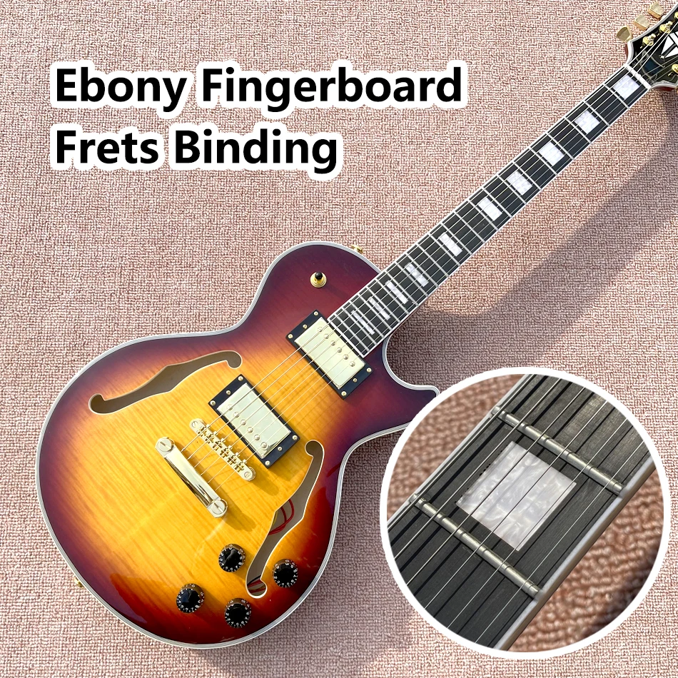 

Double Convex Surface Hollow Body LP Electric Guitar, Ebony Fingerboard, Frets Binding, Flame Maple Top & Back