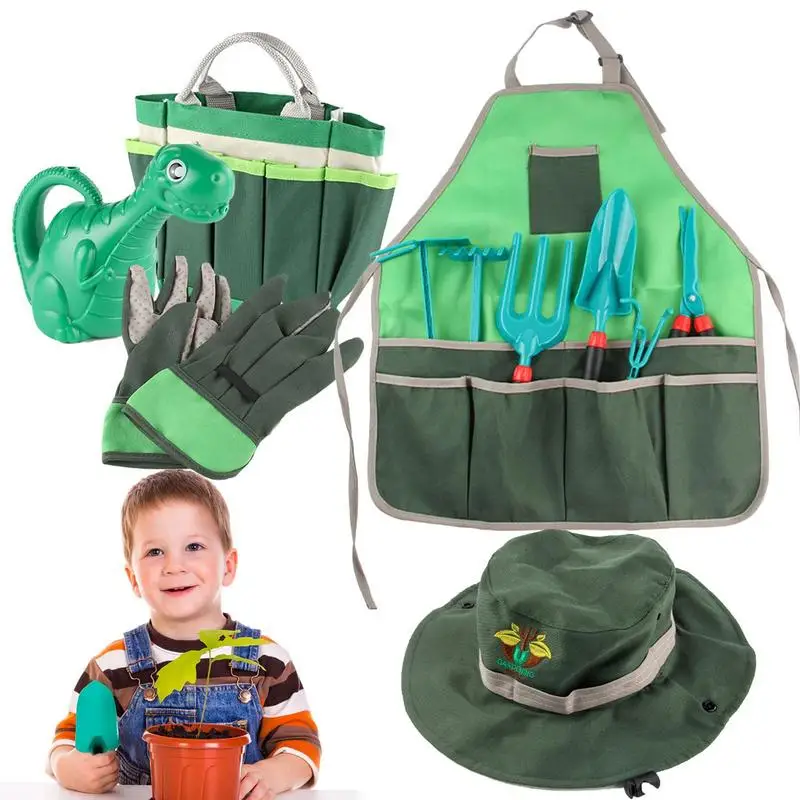 

Детский садовый набор, 11 шт., детский инструмент с сумкой-тоутом, садовые игрушки, включает в себя оросительную баночку в форме динозавра, вилка, перчатка