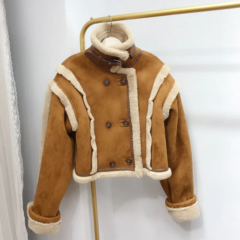 

Winter Lamb Wool Coat Women'S Wool Sheepskin Fur Coat Locomotive Suede Leather Jacket Shor Y1348