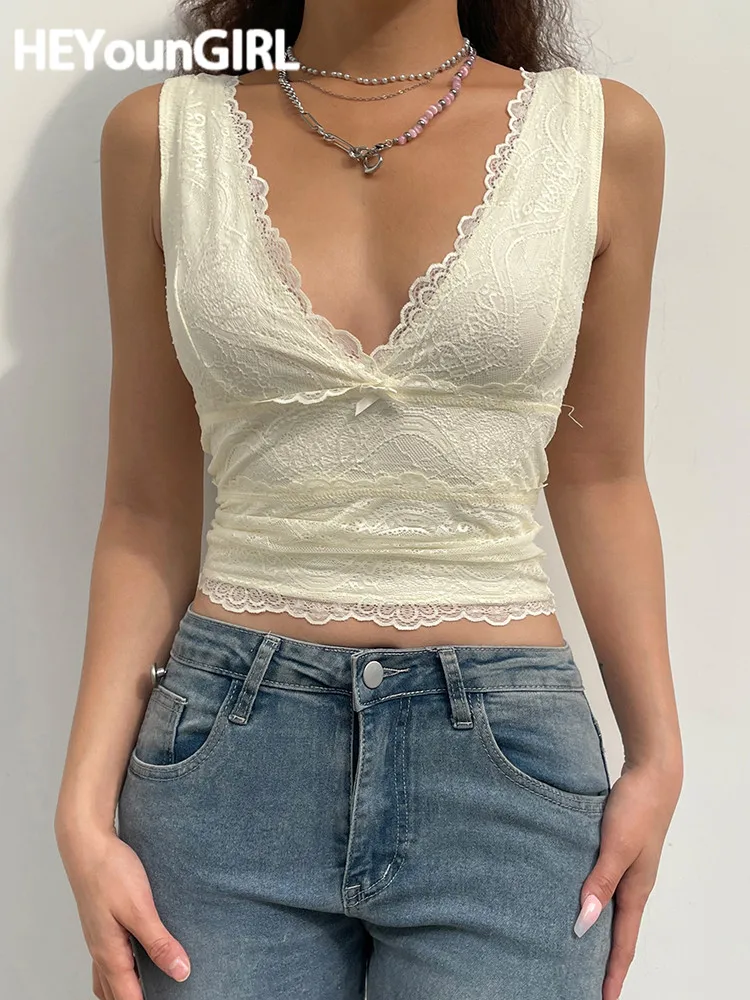 

HEYounGIRL Sexy V Neck Lacework Camis Tee Sleeveless Cute Bow Casual Summer Tank Tops Female Elegant Crop Vest Streetwear 2022