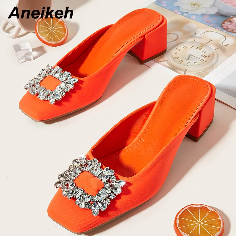 

Aneikeh Crystal Bling Shallow Slingbacks Women Slippers High Heels Fashion Square Toe Wedding Party Summer Ladies Shoes Slip-On