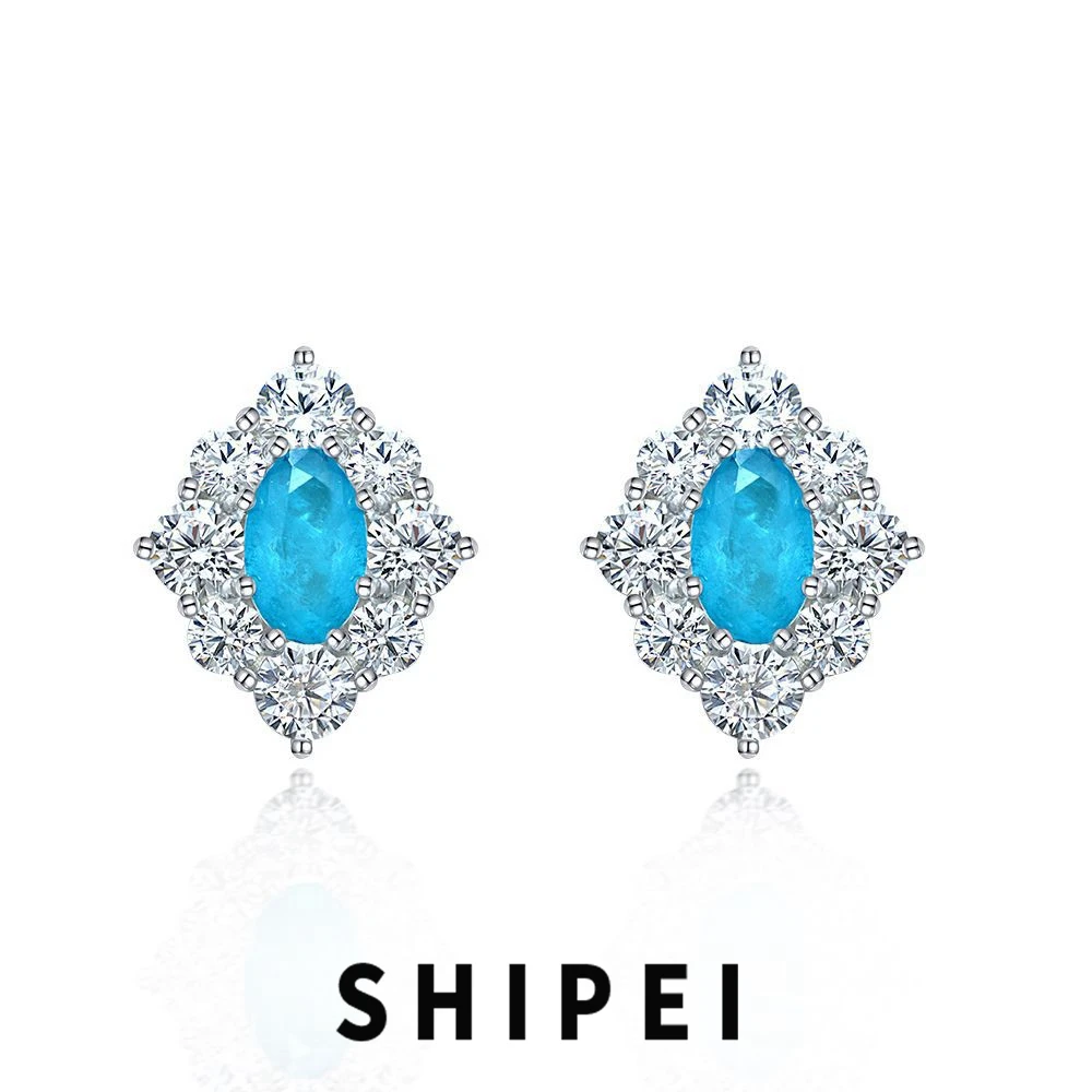 

SHIPEI Solid 925 Sterling Silver Oval Cut 1.5CT Paraiba Tourmaline Sapphire Gemstone Ear Studs Earrings Fine Jewelry for Women