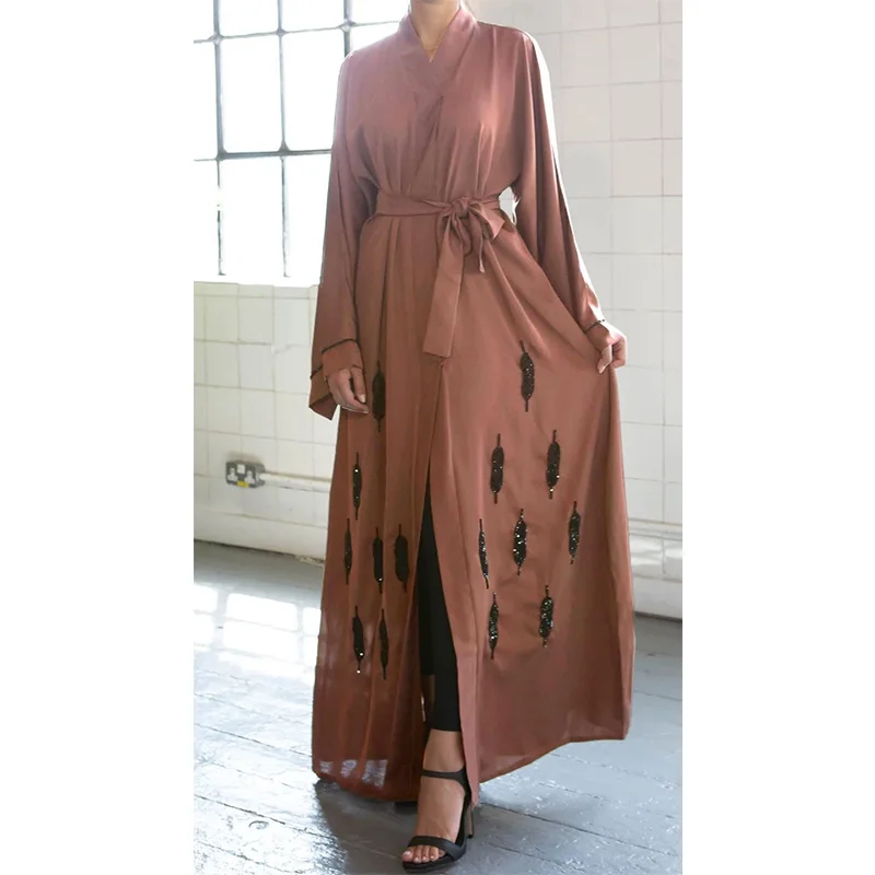 Muslims Women Dress Dubai Hand-nailed Beaded Cardigan Ramadan Abaya Turkey  Belt Robe Femme Musulmane