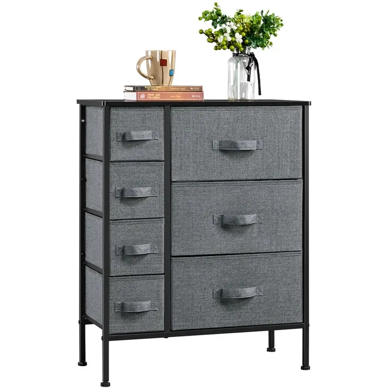 

7-Drawer Fabric Storage Tower with Black Metal Frame, Dark Gray