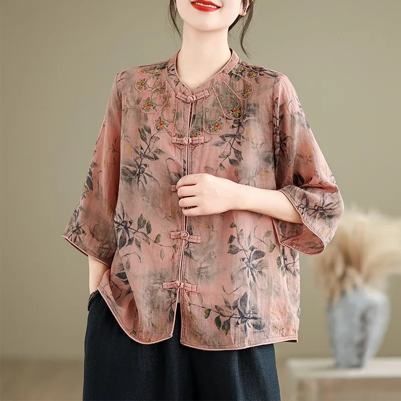 Женская повседневная рубашка в китайском стиле Новое поступление 2024 летние
