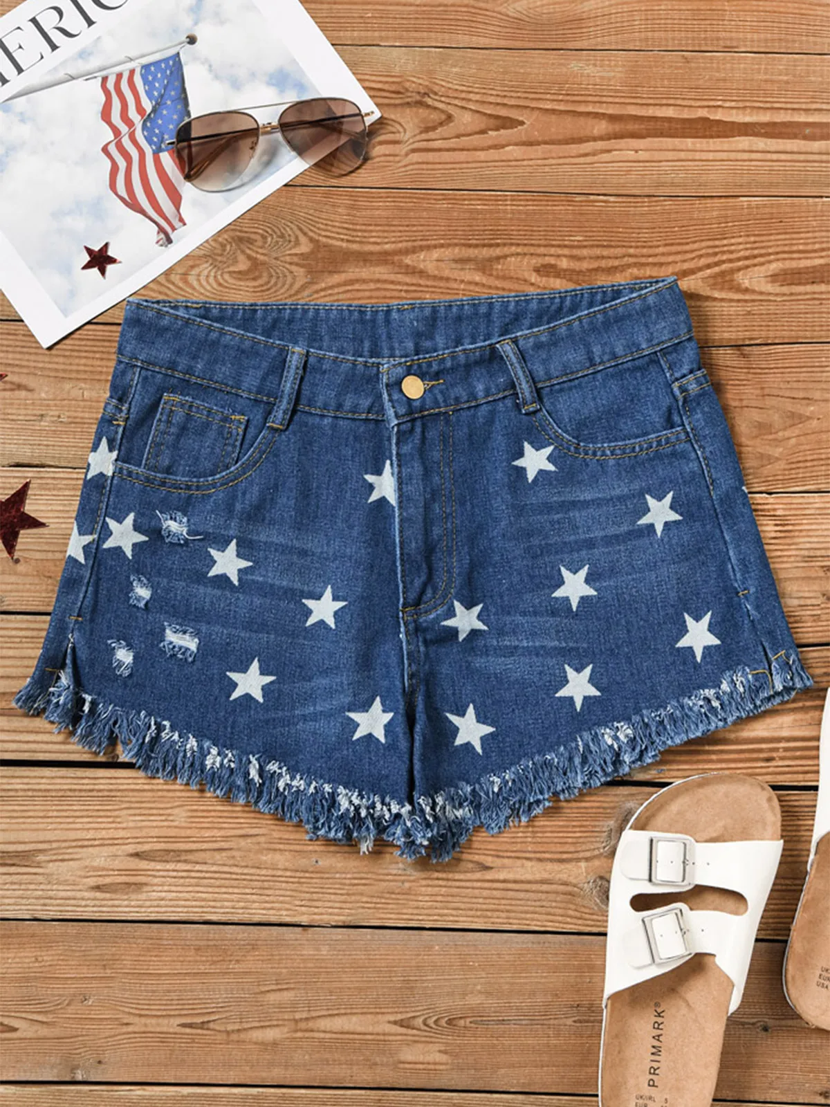 Women Star Tassel Pocket Button Ripped Slit Denim Shorts Casual Homewear Pants Bottoms Female Trousers Ladies Exercise Shorts