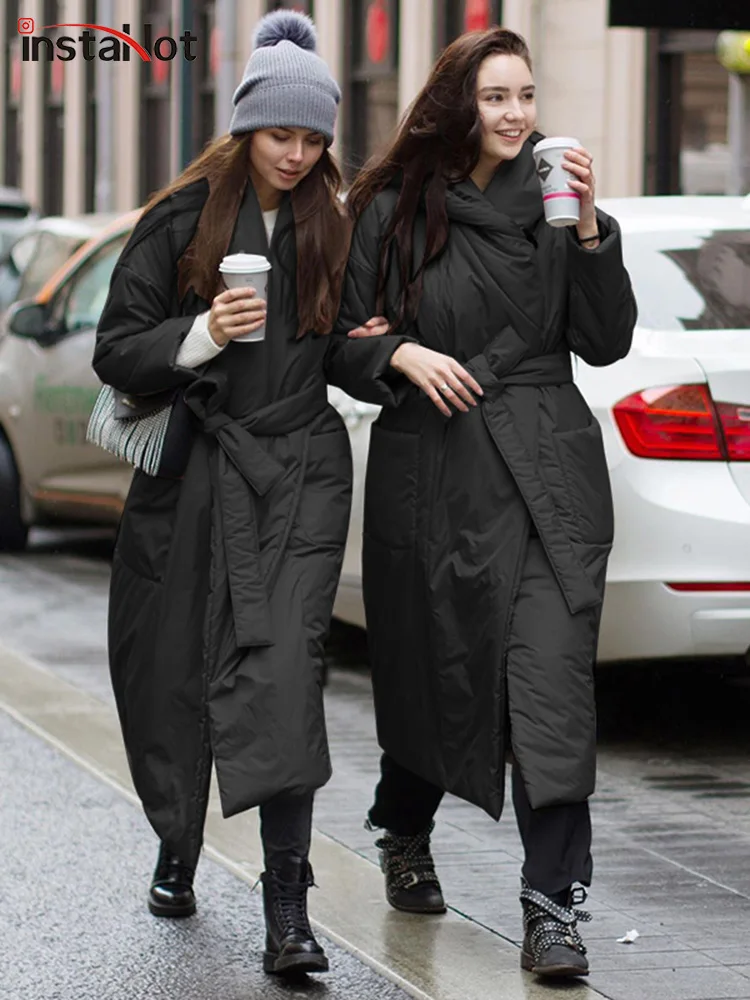 

InstaHot Winter Warm Long Jacket For Women 2022 Cotton Thick Hooded Coat Snow Wear Padded Parka Pockets Lace Up Female Outerwear