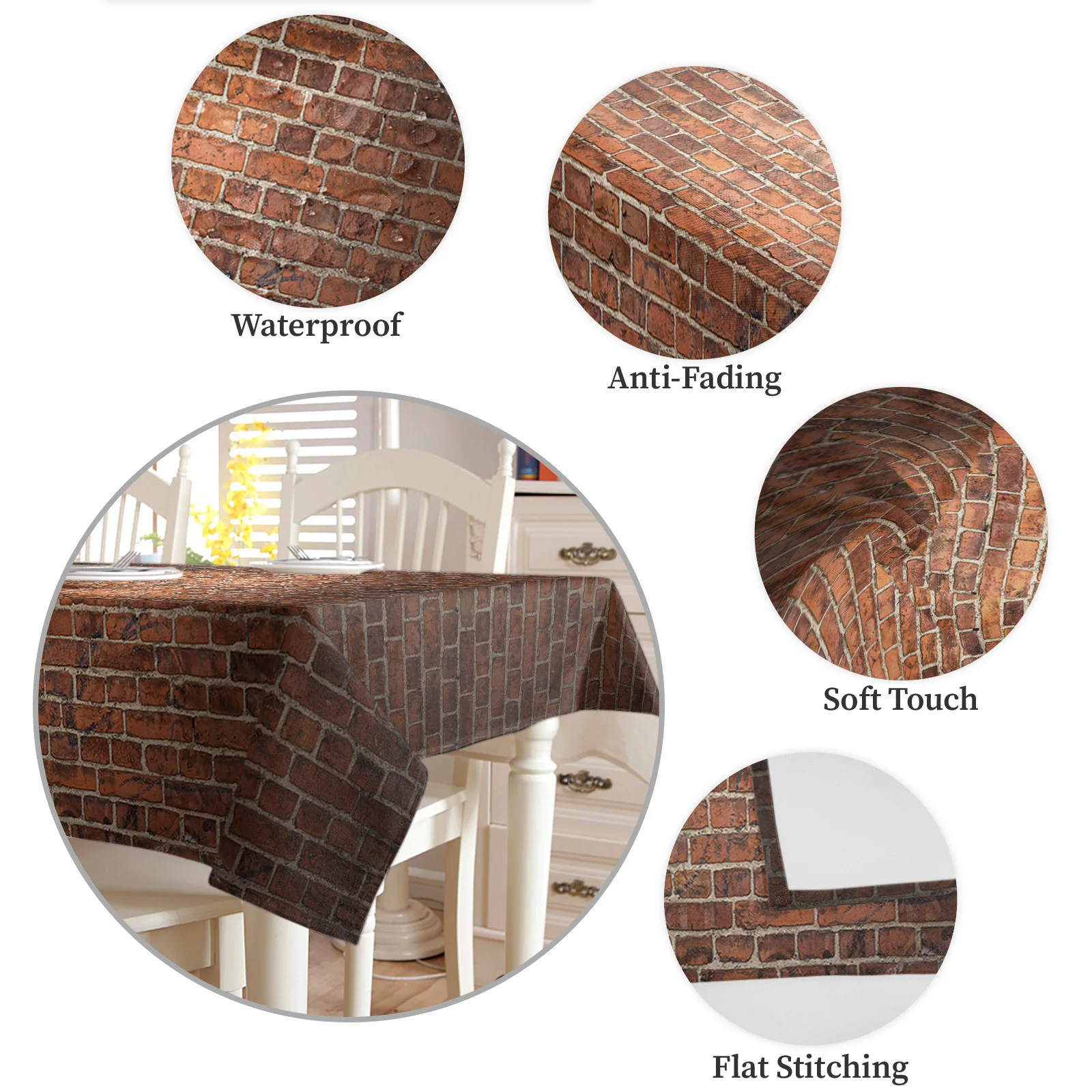 Ковер для стола с красной кирпичной стеной на заднем плане для декорирования кухонного стола на свадьбах и дома с эластичными стульями.