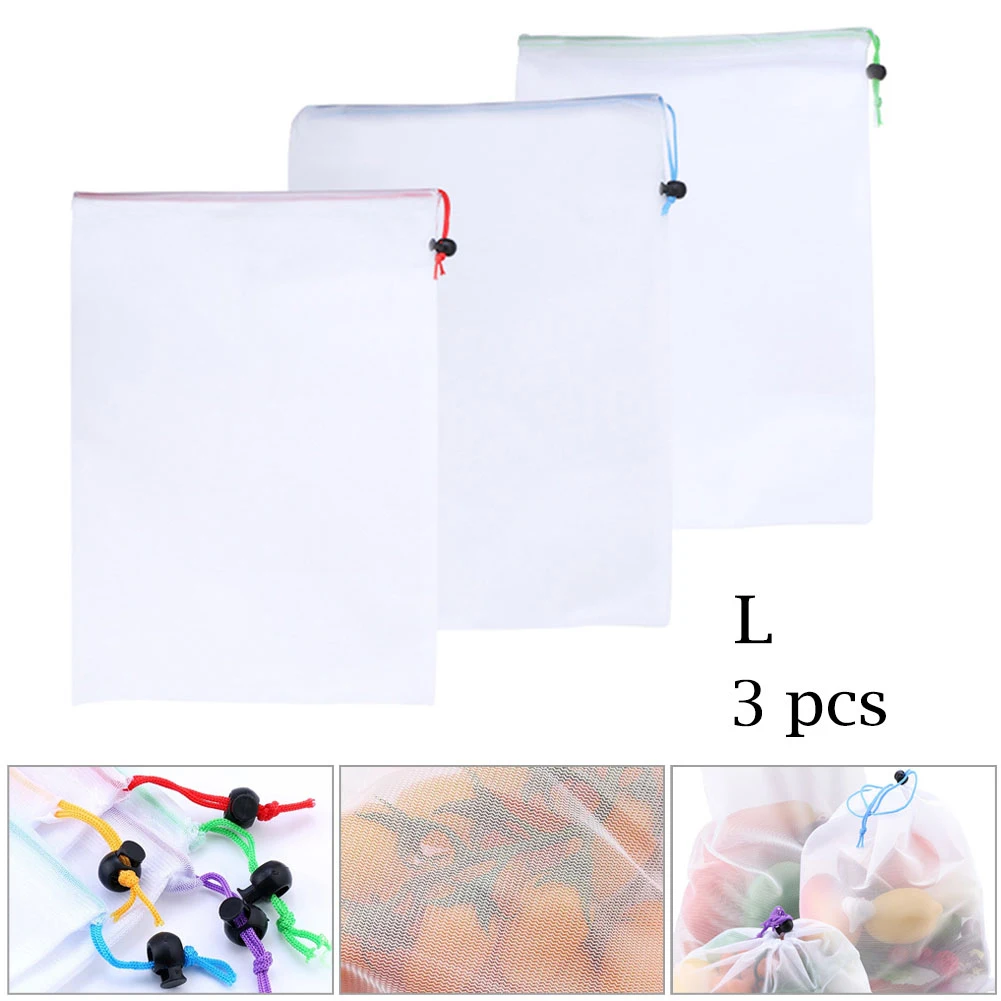 

3PCS Reusable Fruit Vegetable Bags Net Bag Produce Washable Mesh Bags With Drawstring Kitchen Storage Bags Toys Sundries