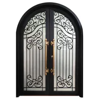 Modern Galvanized Cast Iron Entry Door Design Entrance Security Wrought Iron Door with Glass Front Doors for House Entry