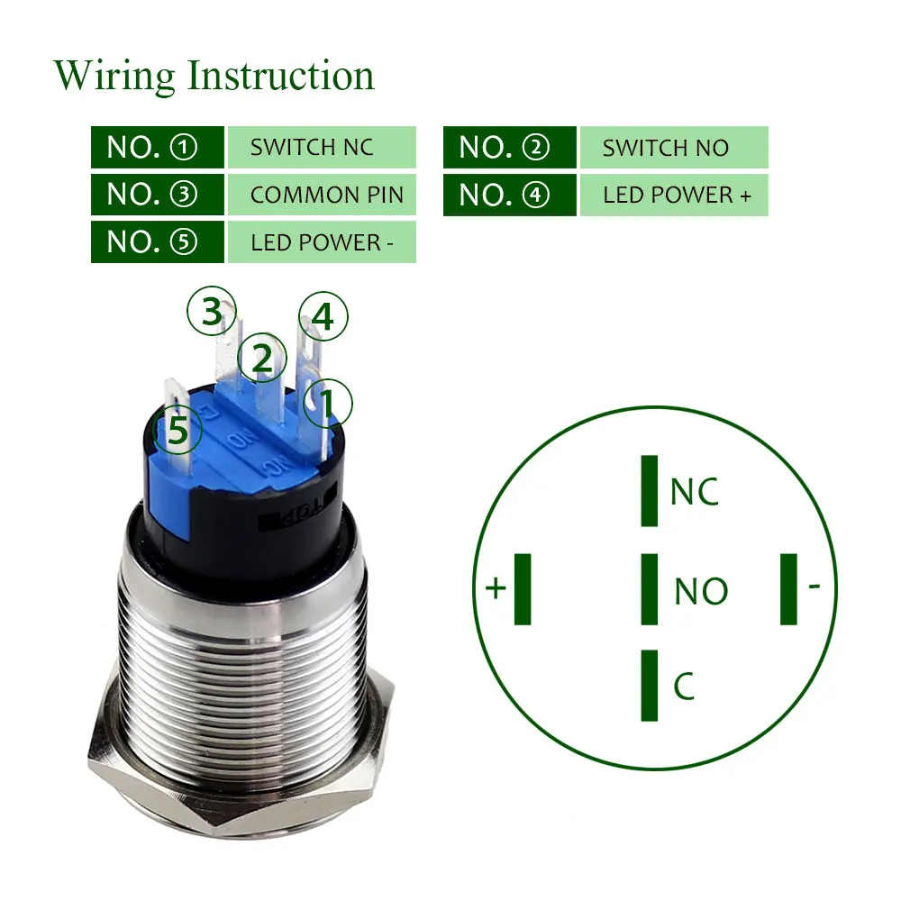 16mm Self Lock Reset Stainless Steel Metal Push Button Switch Nickel Plated Brass 12V 36V With Ring Led Light Power |