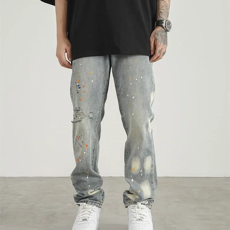 

Streetwear Retro Hole Men Jeans Korean Fashion Ink Splash Jeans Y2k Straight Jeans Hip Hop Pants Casual Denim Trousers