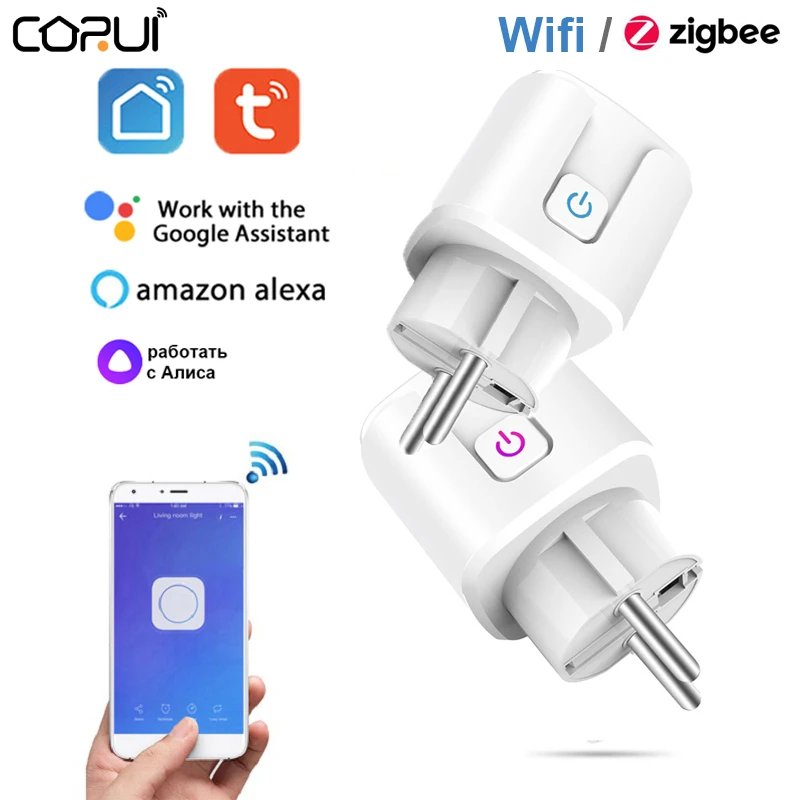 

CORUI Tuya WiFi / Zigbee Socket EU Smart Plug 20A Power Monitor AC100-240V Work With SmartLife App Alexa Google Home Alice