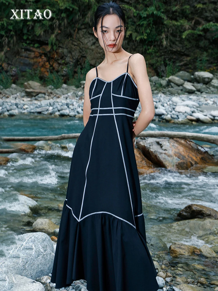 

XITAO Vintage Strapless Dress Fashion Pullover Backless Hit Color 2022 Summer Minority Elegant Loose Pleated Hem Dress WLD8283