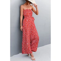2022 summer dot heart print vintage strapless overalls for women one piece sexy boho beach lace up wide leg jumpsuits