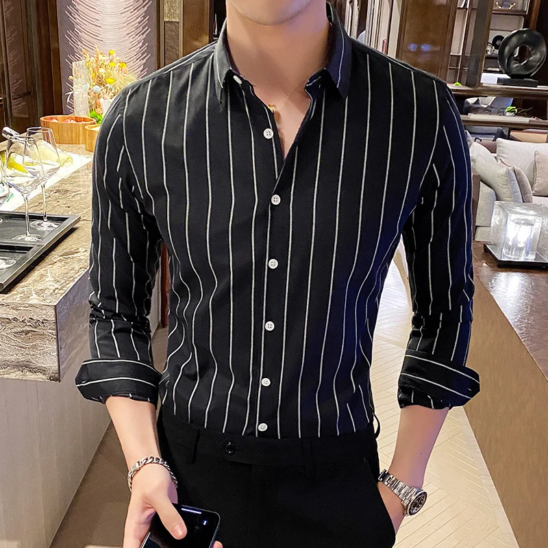 

Korea Style Handsome Fashion Mens Shirts Button Down Slim Fit Long Sleeve Striped Shirts Asain Size