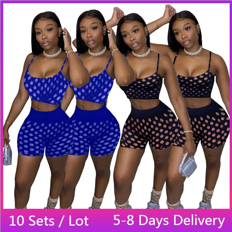 

Wholesale Items Ripped Womens Two Peice Sets Sexy Hollow Out Summer Sets Womens Outfits Clubwear Cute Crop Top and Shorts Set