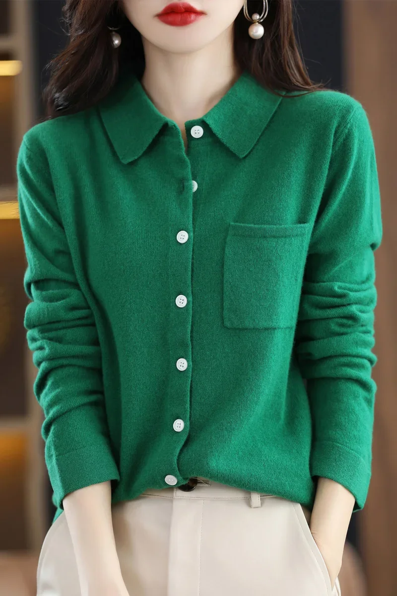 

Cashmere cardigan female 100 pure cashmere autumn Polo flip tie pocket long sleeve wool knit shirt plus size