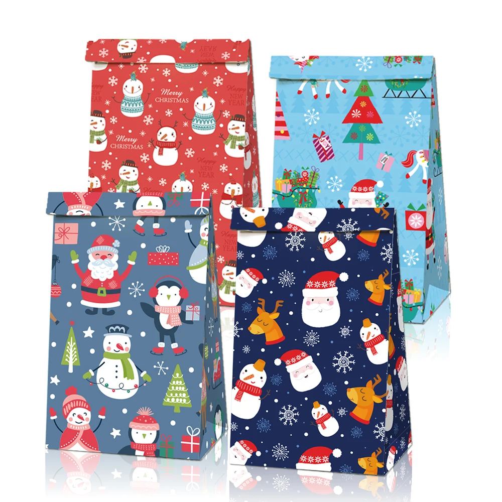 

LB046 12Pcs New Merry Christmas Festival Party Candy Kraft Paper Gift Bags and Stickers Snowman Xmas New Year Party Decorations