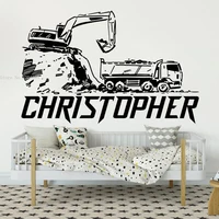 Construction Vehicle Wall Sticker Excavator Home Decoration Custom Name Kids Boys Bedroom Decor Transporter Personalized Decal