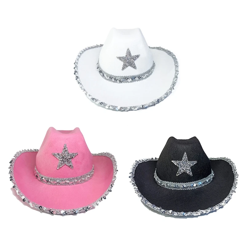 

Ковбойская шляпа 652F со звездами и блестками, женская шляпа для представлений для взрослых, шляпы для вечеринок, косплей