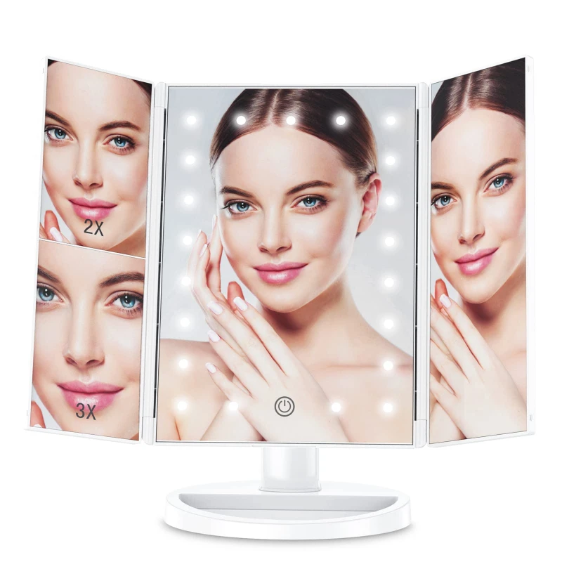 

Tri-Fold Lighted Vanity Mirror with 21 LED Lights, Touch Screen and 3X/2X/1X Magnification, Two Power Supply Modes Make Up Mirro