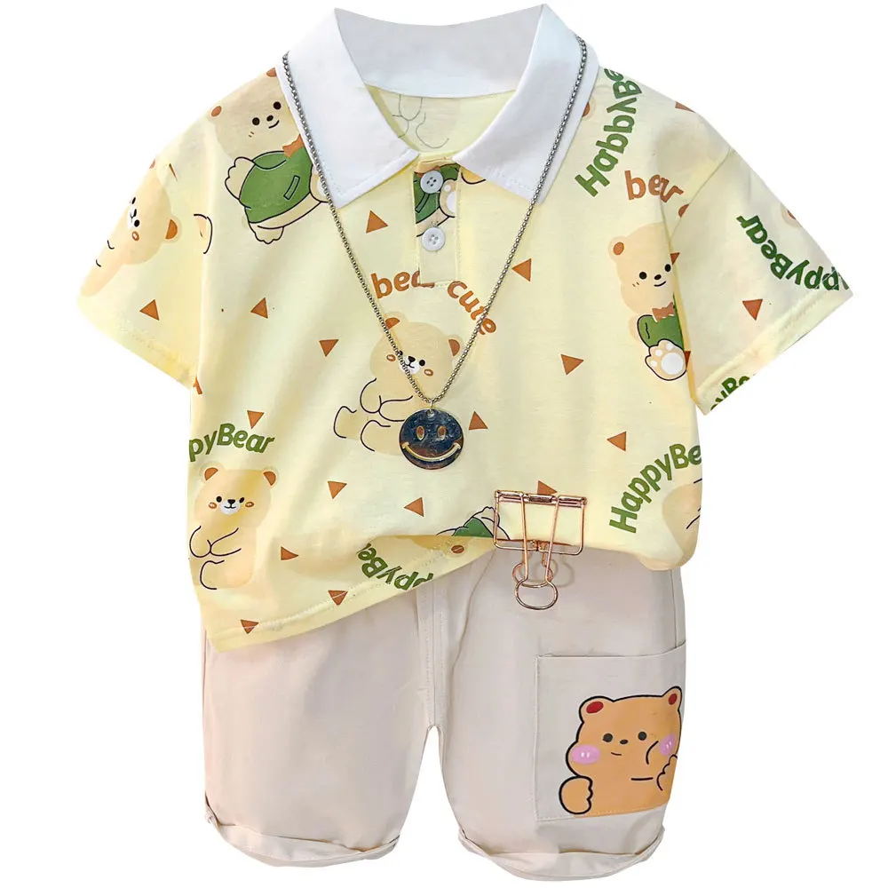 Boys summer suit 2023 new children's summer front shirt letter bear short sleeve summer three-year-old baby tide