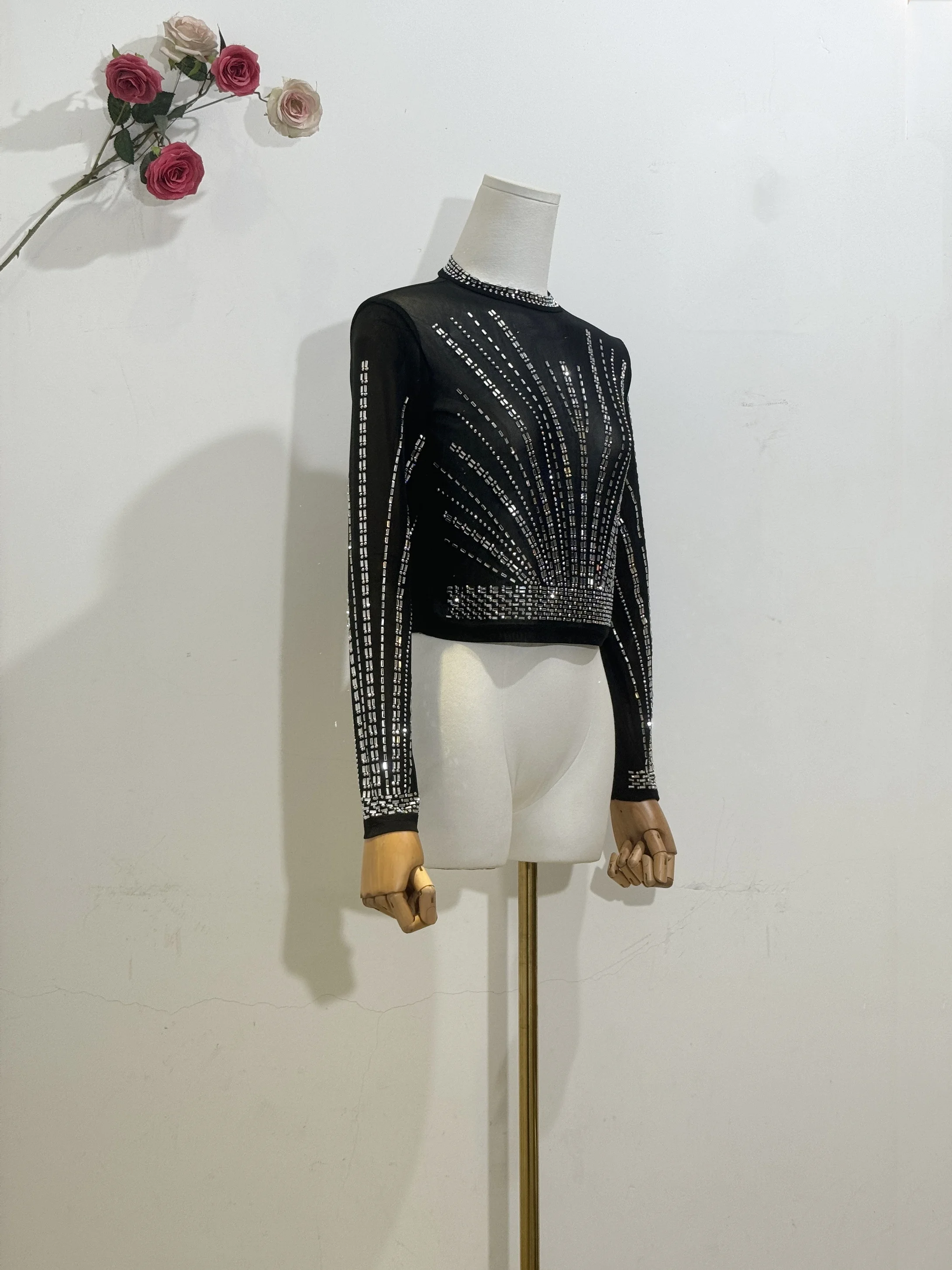 Женский праздничный Топ H80 &amp S90 Сетчатая футболка с круглым вырезом и длинным