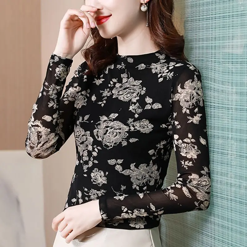 

2023 Women Spring Autumn New Clothes Sexy Print Shirt Tops Female Long Sleeve Slim Blouses Ladies Half High Collar Shirts G468
