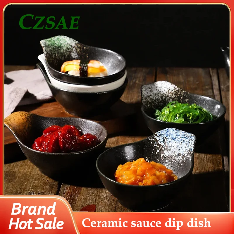 

Ceramic Sauce Dip Dish Japanese Seasoning Dish Tableware Kitchen Soy Sauce Vinegar Snack Dish with Handle Restaurant Platter