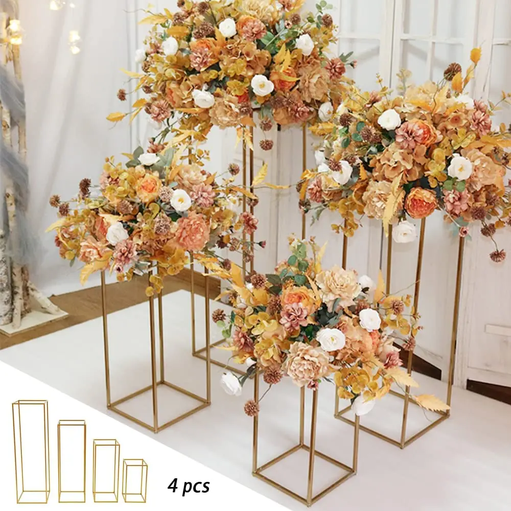 

4pcs Column Vases Wedding Centerpieces for Tables Metal Flower Stand Rack Inweder Gold Tall Floor Vase Rectangular Geometric